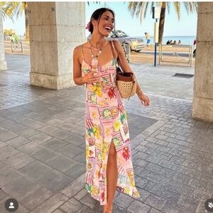 Zara Pink Tropical-patchwork Print Slip Maxi linen blend Dress S with Front Slit